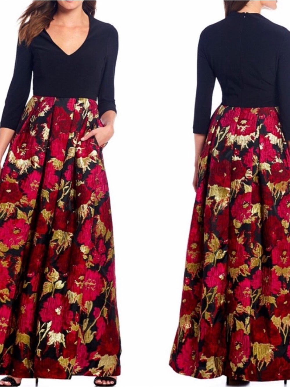 Eliza J Black Top with Red & Gold Floral Maxi Dress